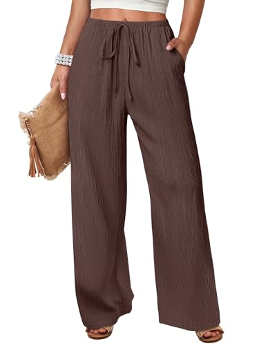 Women's Wide Leg Beach Pants Elastic Waist Lightweight Casual Flowy Palazzo Lounge Trousers with Pockets Brown