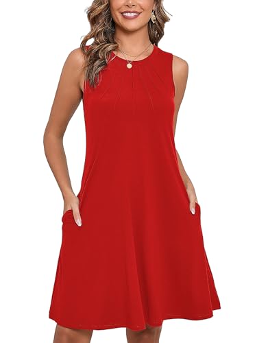 Women's Summer Dresses Sleeveless Casual Fashion Loose Swing Button Down Beach Dress with Pockets G06-red