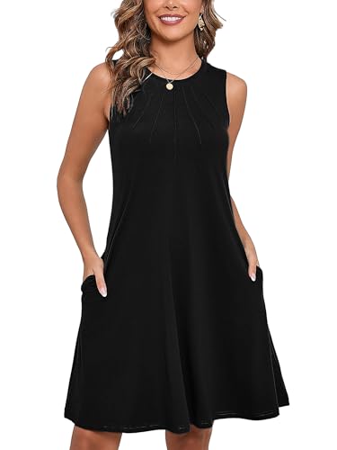 Women's Summer Dresses Sleeveless Casual Fashion Loose Swing Button Down Beach Dress with Pockets G01-black