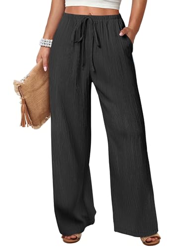 Women's Wide Leg Beach Pants Elastic Waist Lightweight Casual Flowy Palazzo Lounge Trousers with Pockets Black