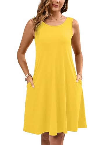 Women's Summer Dresses Sleeveless Casual Fashion Loose Swing Button Down Beach Dress with Pockets P08-yellow