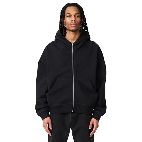 Sweatshirts for Men 14 OZ Oversized Heavyweight Brushed Fleece Full-Zip Hoodie Sweat shirts for Men Black