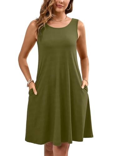 Women's Summer Dresses Sleeveless Casual Fashion Loose Swing Button Down Beach Dress with Pockets P09-olive Green