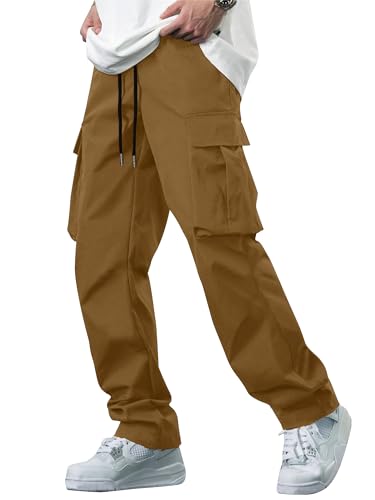 Men's Casual Cargo Pants Tactical Work Pants with Pockets | Durable & breathable, workout joggers, stretch sweatpants, drawstring elastic waist, hiking, outdoor, running Brown