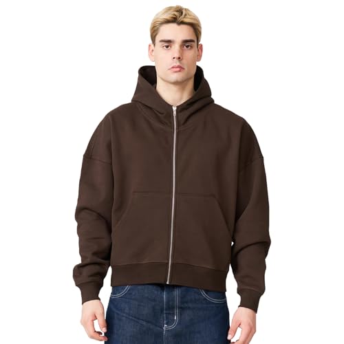 Sweatshirts for Men 14 OZ Oversized Heavyweight Brushed Fleece Full-Zip Hoodie Sweat shirts for Men Brown
