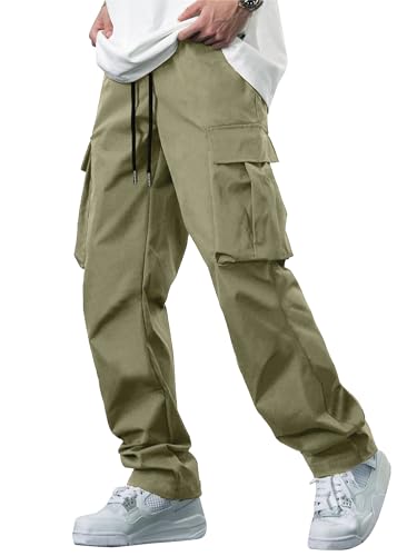 Men's Casual Cargo Pants Tactical Work Pants with Pockets | Durable & breathable, workout joggers, stretch sweatpants, drawstring elastic waist, hiking, outdoor, running Light Green