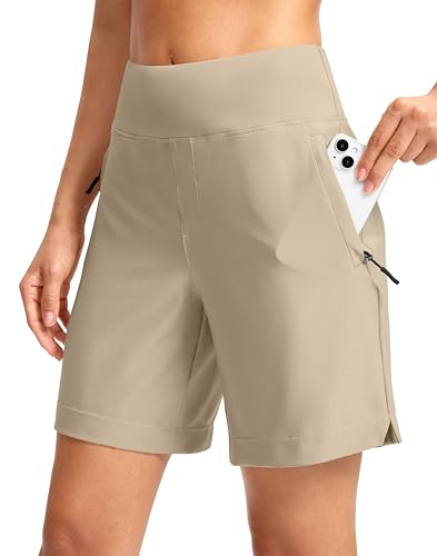 Women's 5''/7'' Hiking Golf Shorts with 3 Zipper Pockets | Quick Dry, Lightweight, High Waisted, Athletic, Casual, Shorts for Women Light Khaki