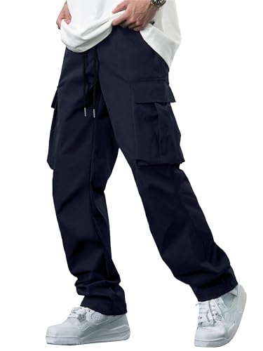Men's Casual Cargo Pants Tactical Work Pants with Pockets | Durable & breathable, workout joggers, stretch sweatpants, drawstring elastic waist, hiking, outdoor, running Blue