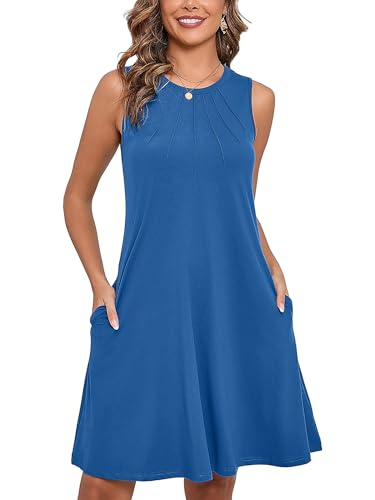 Women's Summer Dresses Sleeveless Casual Fashion Loose Swing Button Down Beach Dress with Pockets G03-royal Blue