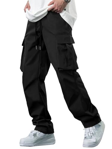 Men's Casual Cargo Pants Tactical Work Pants with Pockets | Durable & breathable, workout joggers, stretch sweatpants, drawstring elastic waist, hiking, outdoor, running Black