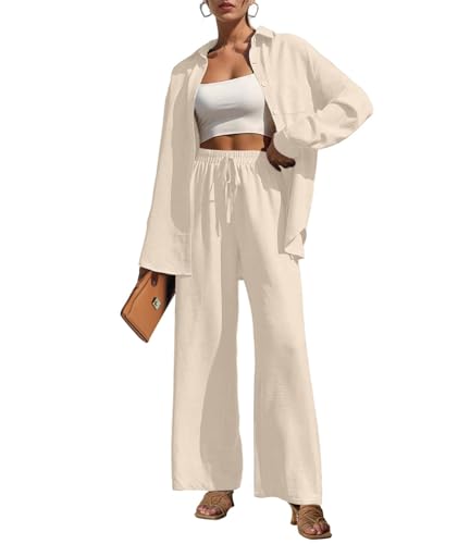 2 Piece Outfits for Women Casual Wide Leg Pants Sets Tracksuit Apricot
