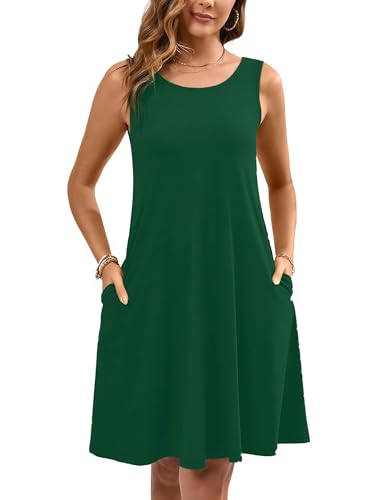 Women's Summer Dresses Sleeveless Casual Fashion Loose Swing Button Down Beach Dress with Pockets P03-green