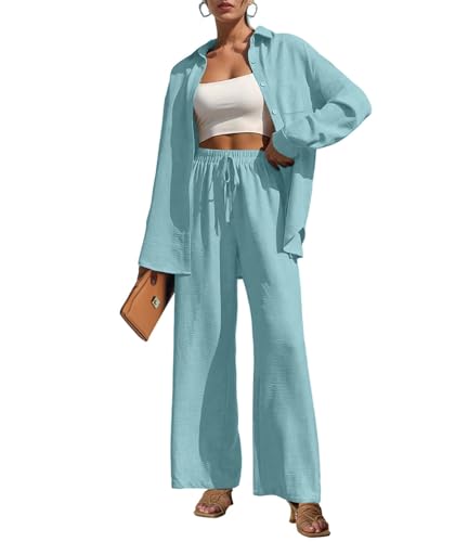 2 Piece Outfits for Women Casual Wide Leg Pants Sets Tracksuit Aqua Sea
