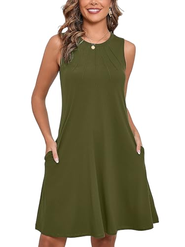 Women's Summer Dresses Sleeveless Casual Fashion Loose Swing Button Down Beach Dress with Pockets G12-olive Green