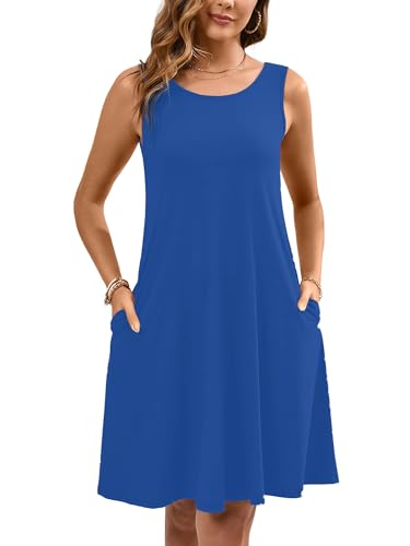 Women's Summer Dresses Sleeveless Casual Fashion Loose Swing Button Down Beach Dress with Pockets P02-royal Blue