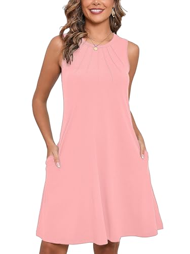 Women's Summer Dresses Sleeveless Casual Fashion Loose Swing Button Down Beach Dress with Pockets G07-pink