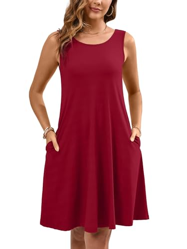 Women's Summer Dresses Sleeveless Casual Fashion Loose Swing Button Down Beach Dress with Pockets P04-burgundy