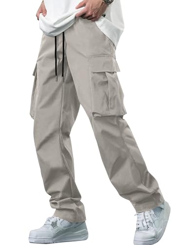 Men's Casual Cargo Pants Tactical Work Pants with Pockets | Durable & breathable, workout joggers, stretch sweatpants, drawstring elastic waist, hiking, outdoor, running Grey