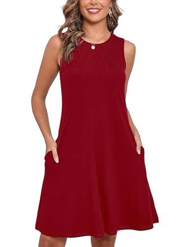 Women's Summer Dresses Sleeveless Casual Fashion Loose Swing Button Down Beach Dress with Pockets G02-burgundy