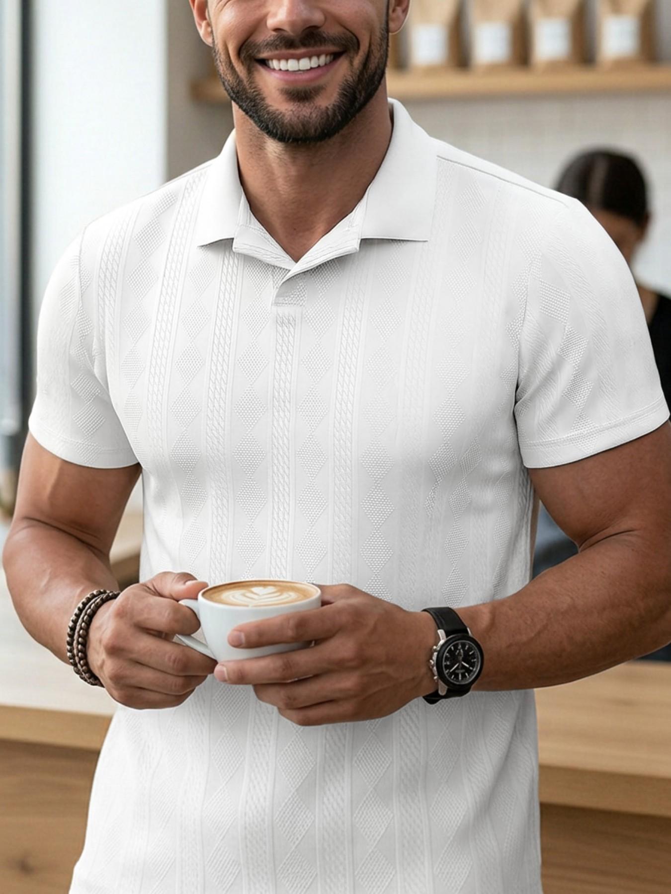 Men's Solid Jacquard Knit Polo Shirt, Regular Fit Casual Short Sleeve Collared Top for Summer, National Day Clothing, Fashion Menswear Men's Clothes for Daily Wear Men's Solid Jacquard Knit Polo Shirt, Regular Fit Casual Short Sleeve Collared Top for Summer, National Day Clothing, Fashion Menswear Men's Clothes for Daily Wear