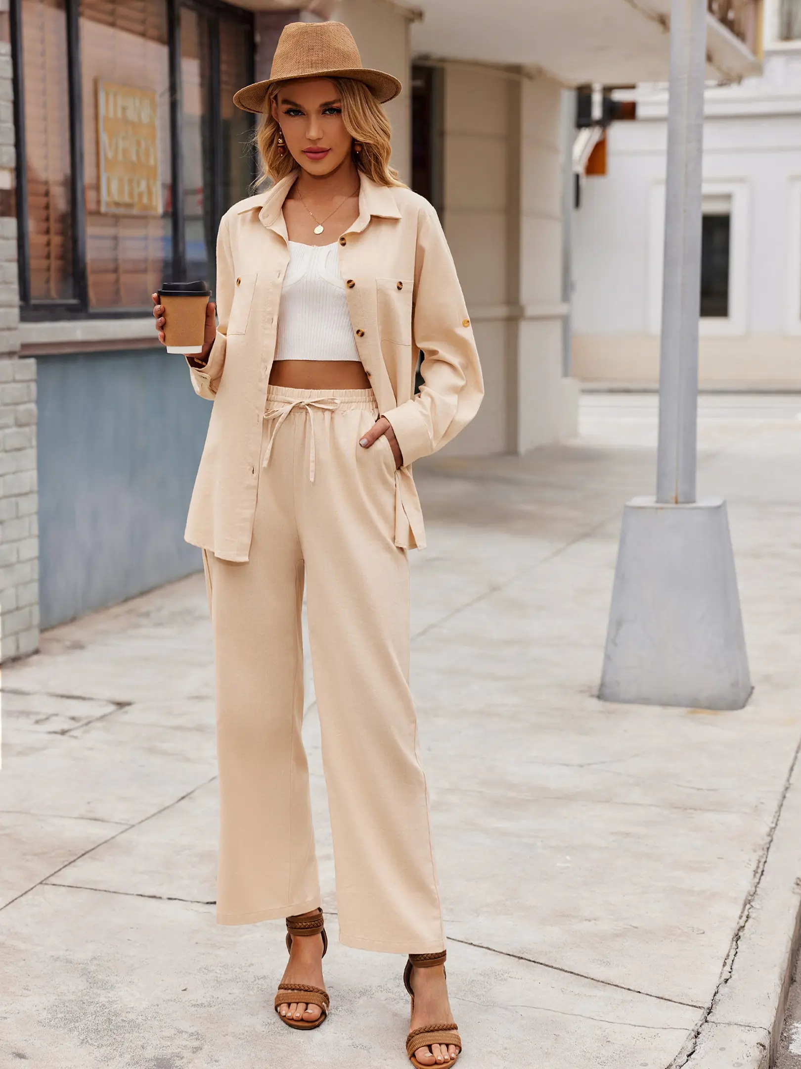 Women's Two-Piece Linen Sets Button-Down Shirt and Drawstring Long Pants Set Summer Outfits