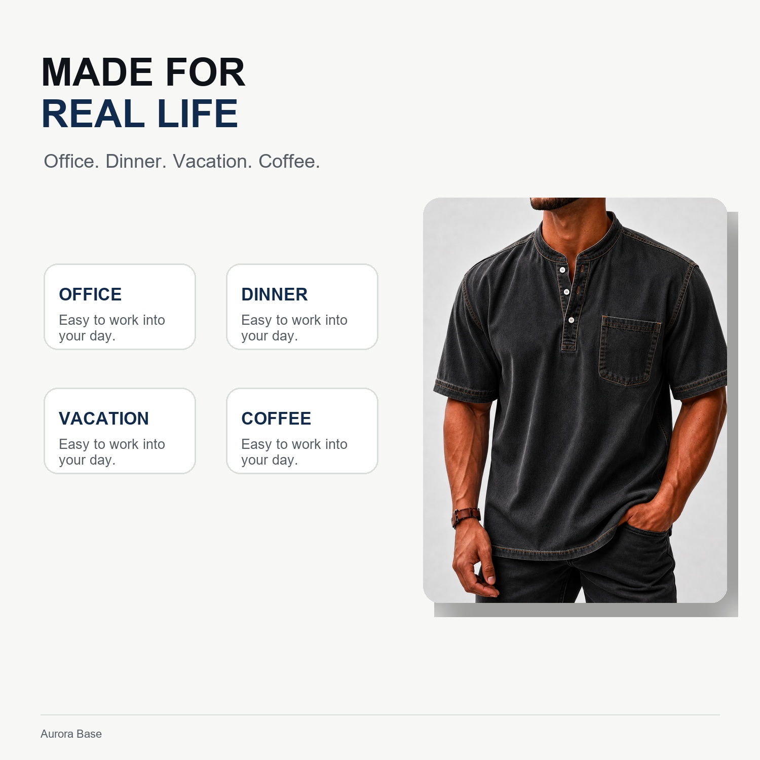 Aurora Base 8-Piece Men's Washed Stand Collar Henley Shirts, Short Sleeve Relaxed Fit Pocket Tops lifestyle detail image
