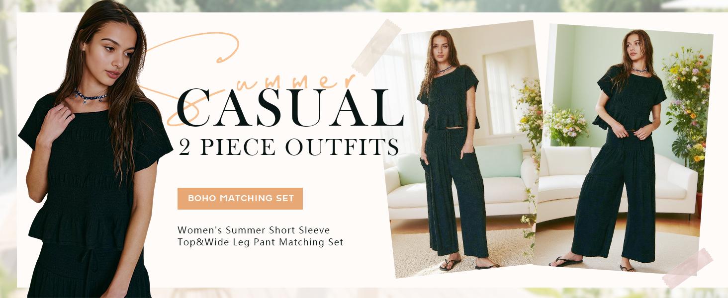 Yeokou Women’s 2-Piece Smocked Top & Wide-Leg Pants Set–High-Waisted Lounge Teacher's Outfit with Pockets Casual Boho Matching Set