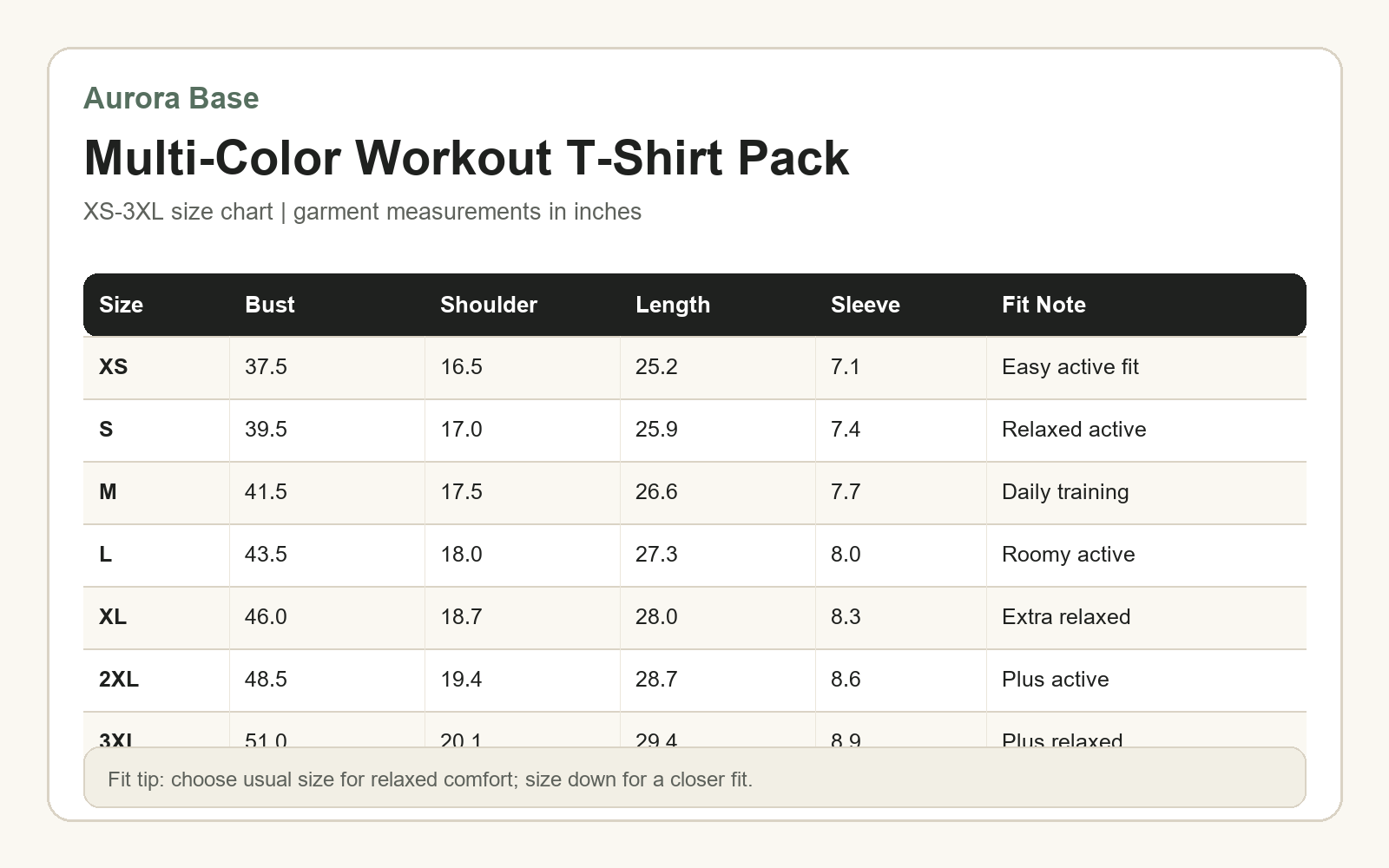 Aurora Base Women's Multi-Color Workout T-Shirt Pack XS-3XL size chart