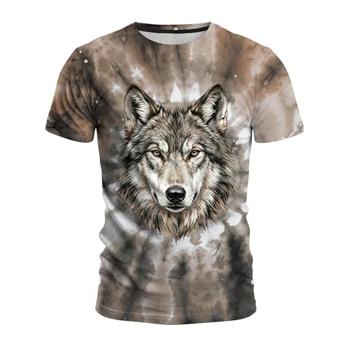 Men's Tie Dye Animal Graphic T-Shirt, Crew Neck Short Sleeve Summer Casual Tee Brown Gray Tie Dye Wolf-6