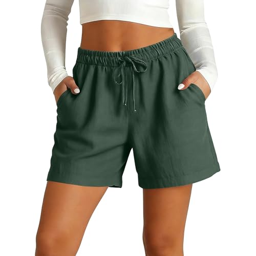 Cotton Linen Shorts for Women Plus Size Drawstring Elastic Waist Summer Beach Vacation Bermuda Shorts with Pockets Blackish Green
