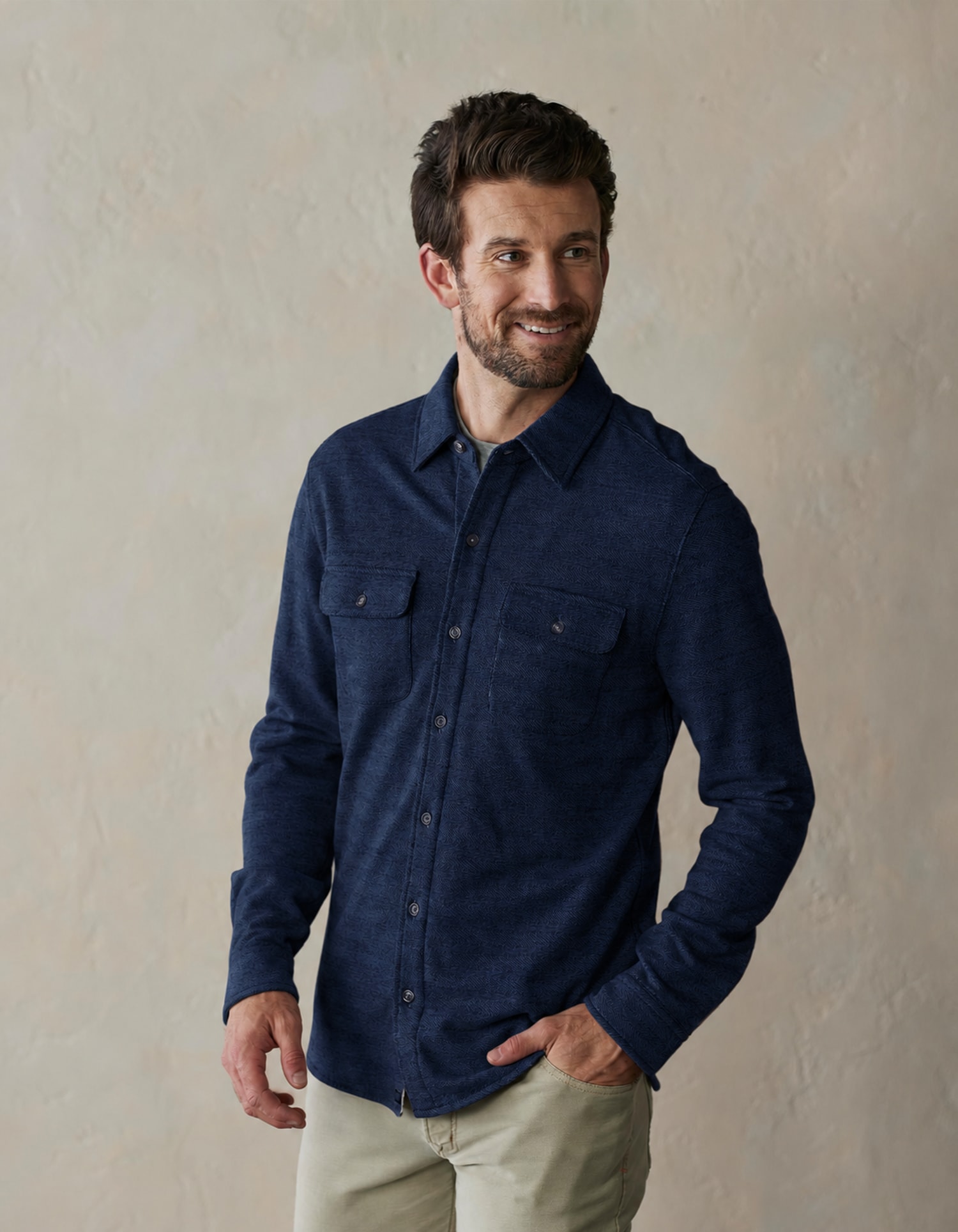 Aurora Base Men's Textured Knit Shirt - Deep Navy colorway front wearing view