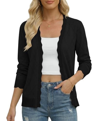 Women's Long Sleeve Cropped Cardigan Open Front Knit Shrug Sweater | Lightweight Hollow Out Slim Fit Thin Bolero Black