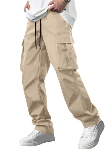 Men's Casual Cargo Pants Tactical Work Pants with Pockets | Durable & breathable, workout joggers, stretch sweatpants, drawstring elastic waist, hiking, outdoor, running Light Khaki