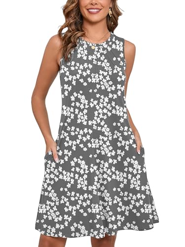 Women's Summer Dresses Sleeveless Casual Fashion Loose Swing Button Down Beach Dress with Pockets G28-grey Sakura