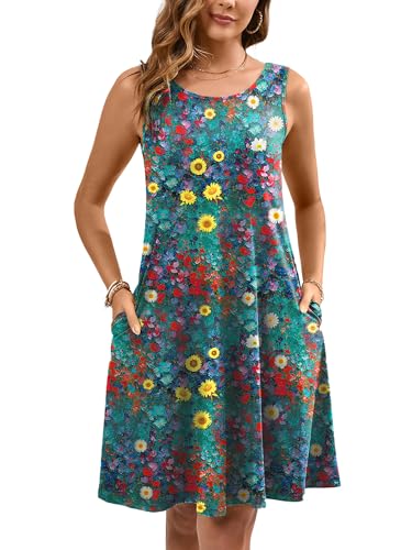 Women's Summer Dresses Sleeveless Casual Fashion Loose Swing Button Down Beach Dress with Pockets P11-oil Paint Petals