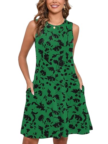 Women's Summer Dresses Sleeveless Casual Fashion Loose Swing Button Down Beach Dress with Pockets G23-green Silhouette