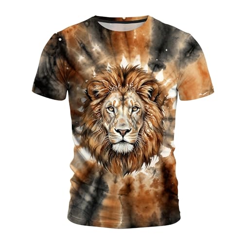 Men's Tie Dye Animal Graphic T-Shirt, Crew Neck Short Sleeve Summer Casual Tee Brown Beige Tie Dye Lion-3