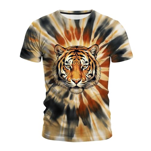 Men's Tie Dye Animal Graphic T-Shirt, Crew Neck Short Sleeve Summer Casual Tee Orange Black Tie Dye Tiger-2