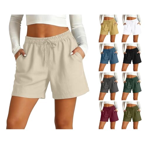 Cotton Linen Shorts for Women Plus Size Drawstring Elastic Waist Summer Beach Vacation Bermuda Shorts with Pockets Khaki