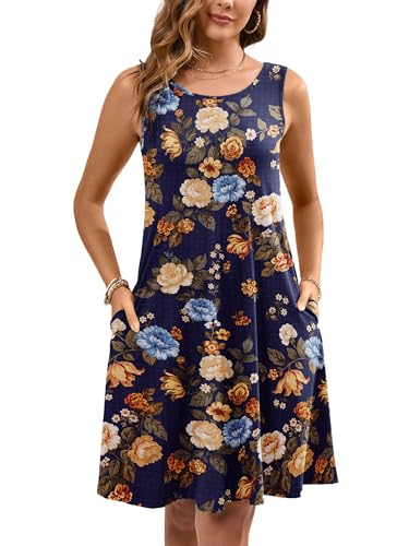 Women's Summer Dresses Sleeveless Casual Fashion Loose Swing Button Down Beach Dress with Pockets P15-yellow Blue Flower