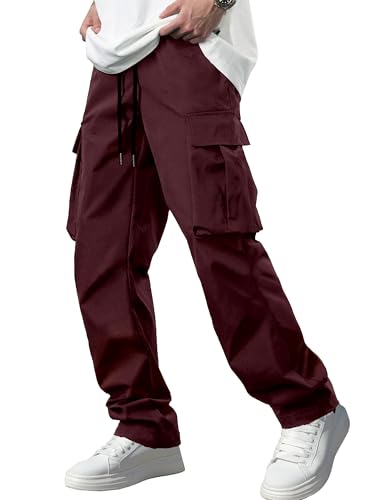 Men's Casual Cargo Pants Tactical Work Pants with Pockets | Durable & breathable, workout joggers, stretch sweatpants, drawstring elastic waist, hiking, outdoor, running B Burgundy