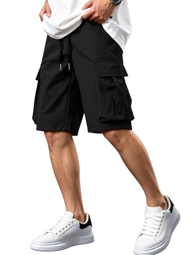 Men's Relaxed Fit Elastic Waist Drawstring Cargo Shorts | Lightweight fabric, soft feel, multiple pockets, casual utility style, workwear, summer travel, hiking & outdoor Black