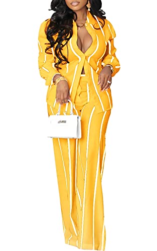 Women's Two Piece Outfits Striped Button Down Shirt Pants Sets B-yellow