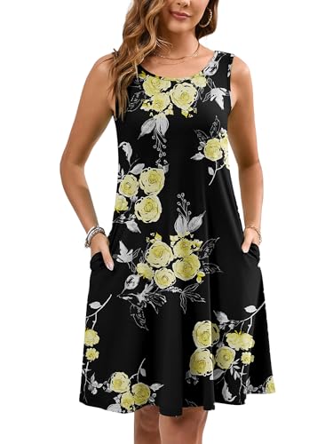Women's Summer Dresses Sleeveless Casual Fashion Loose Swing Button Down Beach Dress with Pockets P18-black Golden Floral