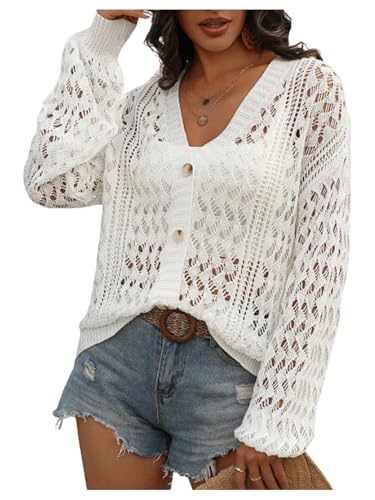 Women's Hollow Out Summer Lightweight Cardigans Button Up Knit V Neck Sweaters Spring Outfits White