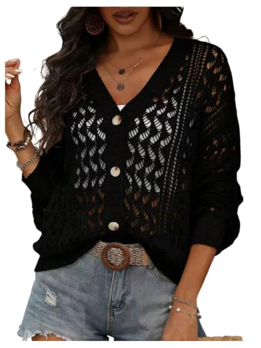 Women's Hollow Out Summer Lightweight Cardigans Button Up Knit V Neck Sweaters Spring Outfits Black