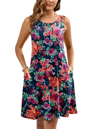 Women's Summer Dresses Sleeveless Casual Fashion Loose Swing Button Down Beach Dress with Pockets P14-blue Colored Flower