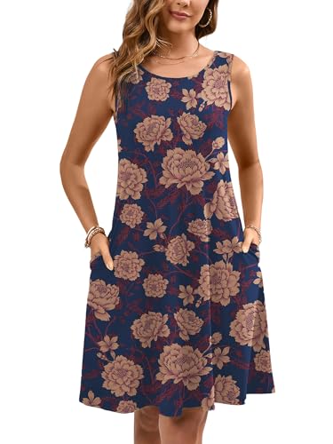 Women's Summer Dresses Sleeveless Casual Fashion Loose Swing Button Down Beach Dress with Pockets P13-navy Blue Peony
