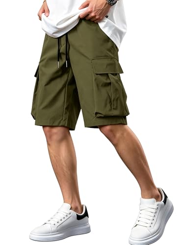 Men's Relaxed Fit Elastic Waist Drawstring Cargo Shorts | Lightweight fabric, soft feel, multiple pockets, casual utility style, workwear, summer travel, hiking & outdoor Army Green