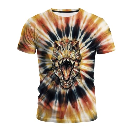 Men's Tie Dye Animal Graphic T-Shirt, Crew Neck Short Sleeve Summer Casual Tee Red Yellow Tie Dye T-rex-4